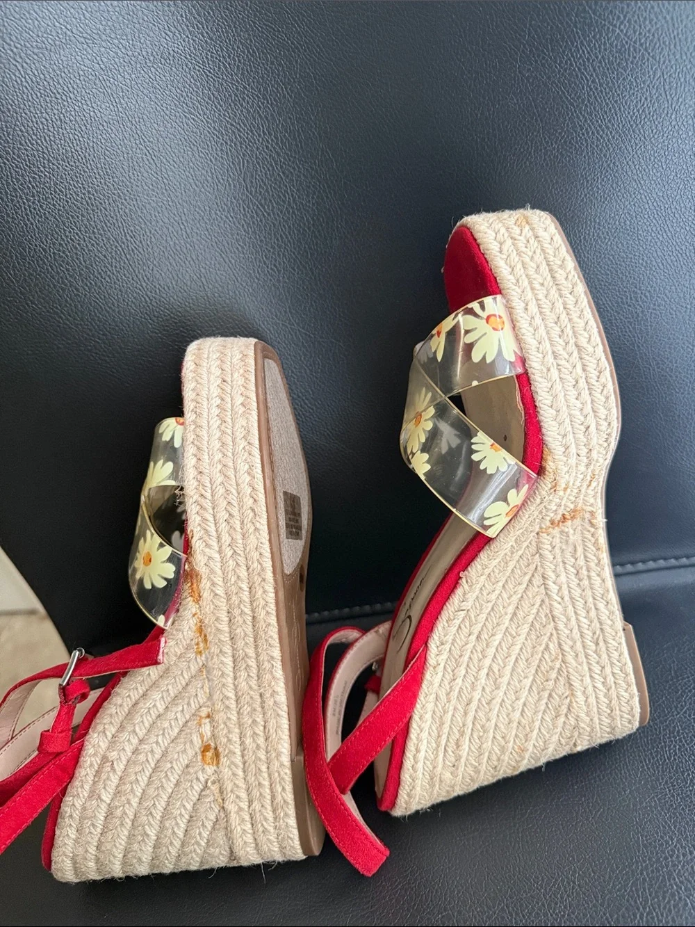 Jessica Simpson Red Suede Espadrille Wedge Sandals with Floral Clear Straps